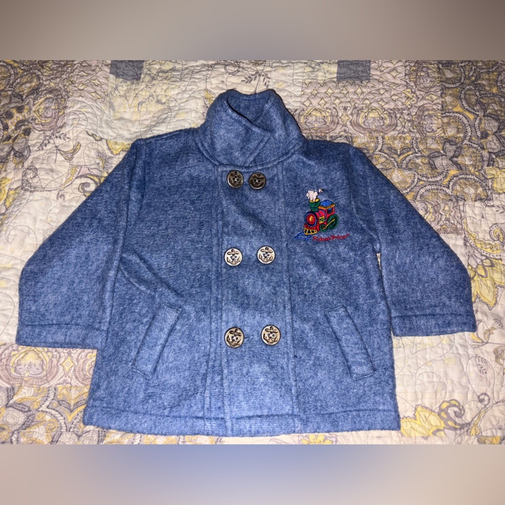 Vintage Fisher-Price Blue Pea Coat with Train Embroidery